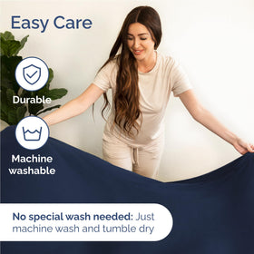 CGK Unlimited navy blue sheet set demonstrates silky softness and fine microfiber texture.