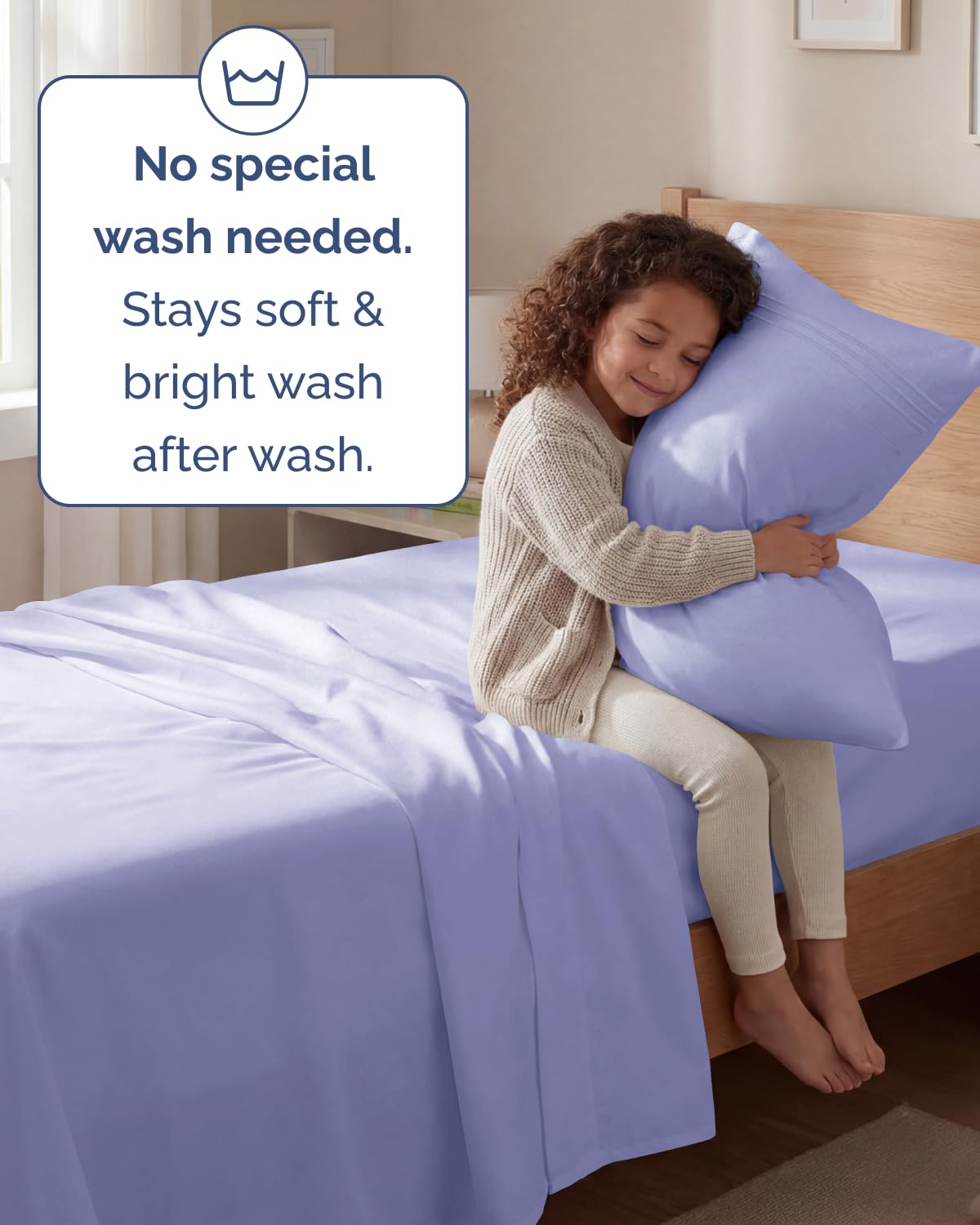 Lavender-toned bed scene highlights breathable, cooling feel for warm nights.