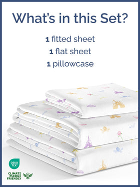 CGK Unlimited princess castle fitted sheet showcases deep pocket fit for snug nights.