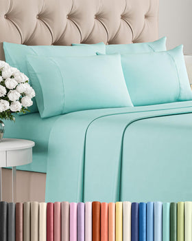 CGK Unlimited Queen 6-Piece Sheet Set in spa blue, folded for a soft, breathable look.