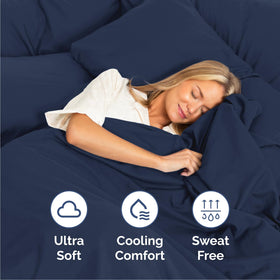 CGK Unlimited deep pocket navy sheet fits most queen mattresses up to 16 inches.