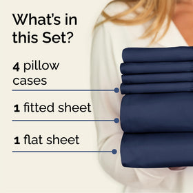 CGK Unlimited Queen fitted sheet in navy blue fits up to 16-inch mattresses securely.