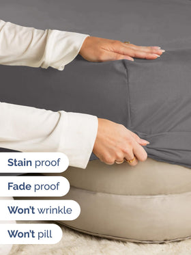 CGK Unlimited queen fitted sheet packaging shows easy setup and care instructions