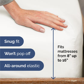 CGK Unlimited fitted sheet pocket close-up demonstrates deep 16-inch fit