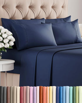 CGK Unlimited Queen flat sheet in navy blue provides breathable cooling comfort.