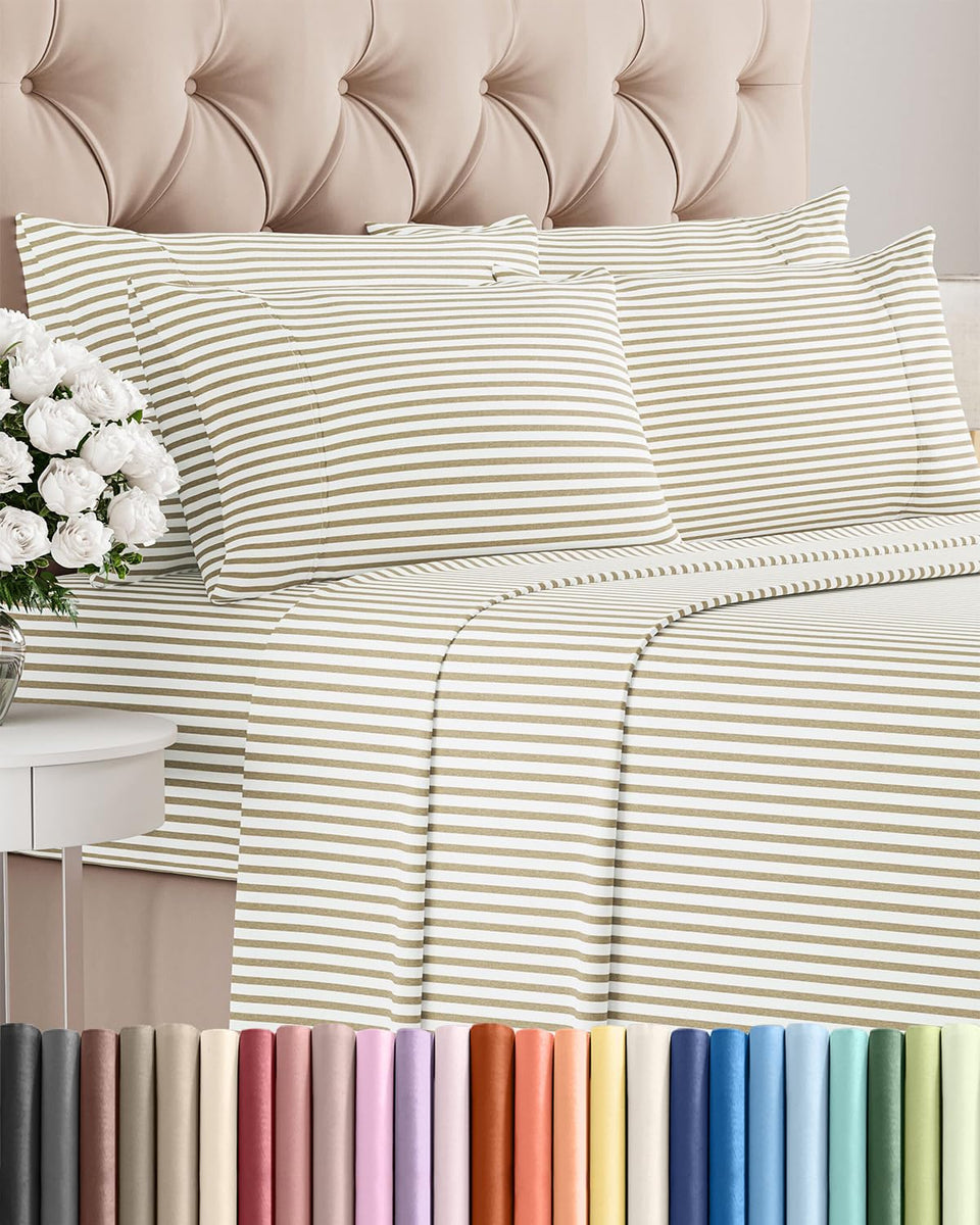 CGK Unlimited queen sheet set beige stripes flat sheet visible, breathable luxury.