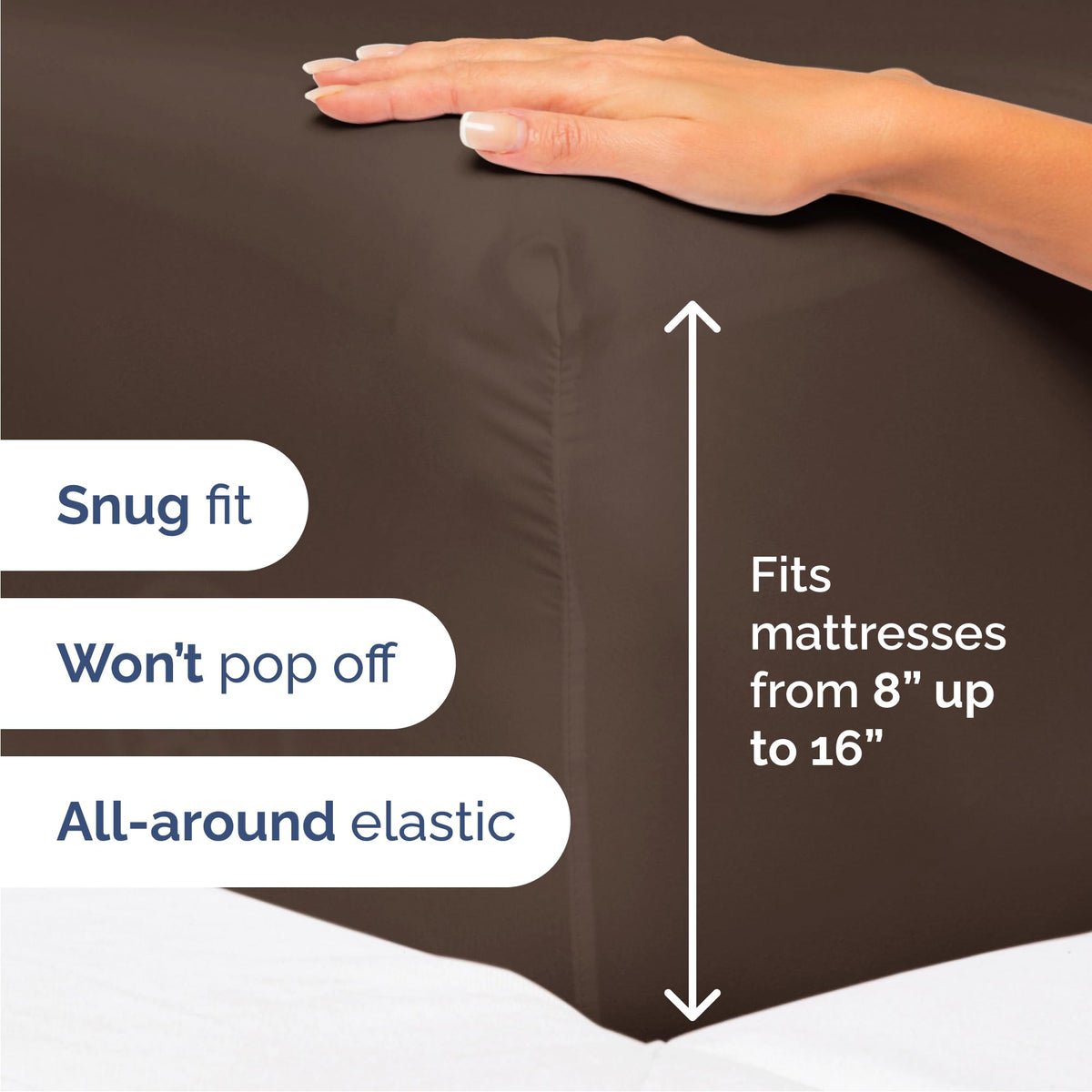 CGK Unlimited Queen Sheet Set fitted sheet on mattress emphasizes deep pocket fit.
