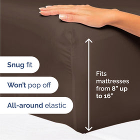 CGK Unlimited Queen Sheet Set fitted sheet on mattress emphasizes deep pocket fit.