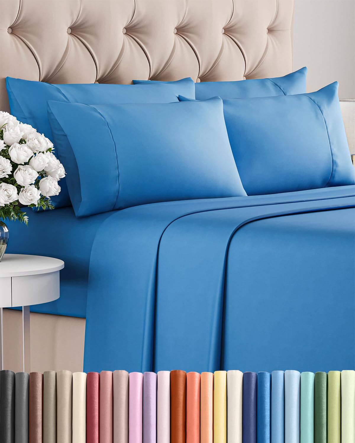 CGK Unlimited queen flat sheet in royal blue showing generous coverage and smooth texture