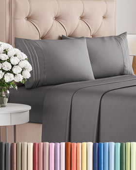 CGK Unlimited queen sheet set on bed in dark grey showing luxurious comfort
