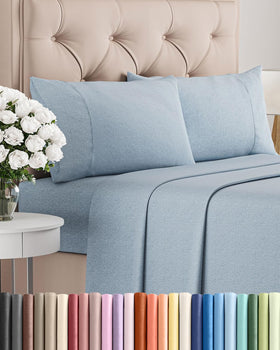 CGK Unlimited queen-size sheet set in heathered blue adds cool comfort for restful nights.