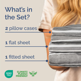 CGK Unlimited deep-pocket fitted sheet in grey stripes fits up to 16 inches.