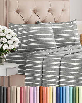 CGK Unlimited queen-size sheets with flat sheet in grey stripes offer cooling comfort.