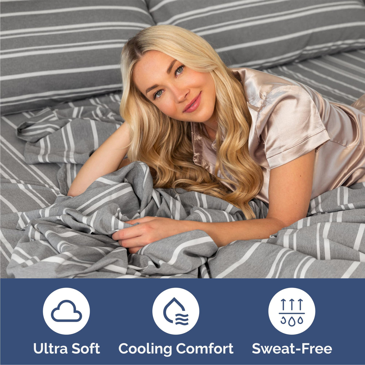 CGK Unlimited grey stripes sheet set shown with pillowcases for hotel-style comfort.