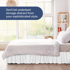 CGK Unlimited queen-size bed skirt demonstrates easy installation with elastic wrap.