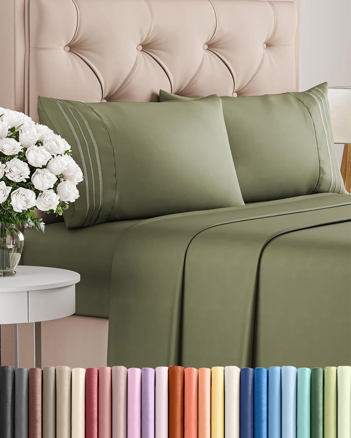 CGK Unlimited queen flat sheet sage green for cool, silky sleep.