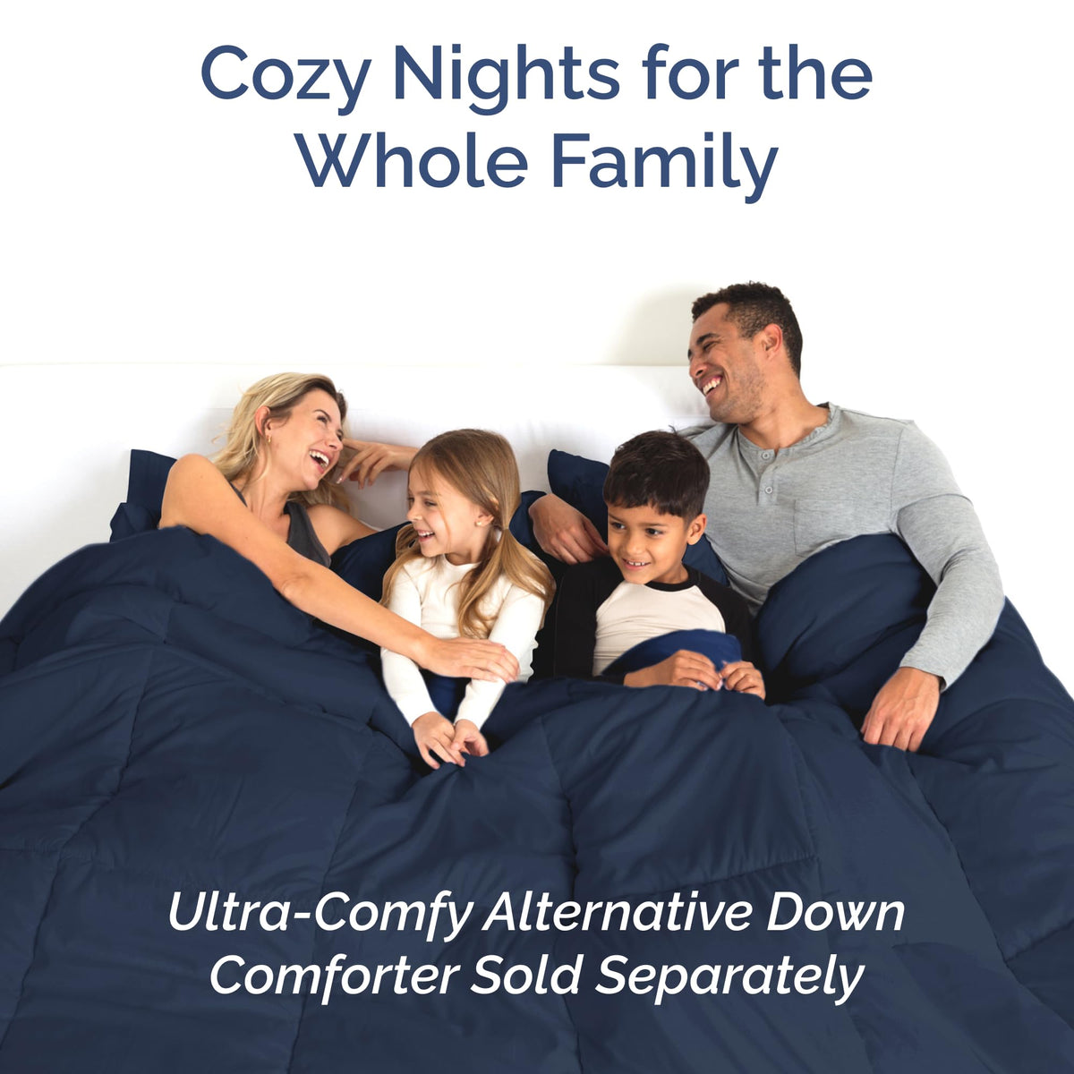 Bedroom setup shows navy CGK Unlimited sheet set for cozy sleep ambience.