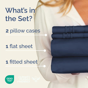 CGK Unlimited navy fitted sheet on mattress highlights deep pockets for a secure fit.