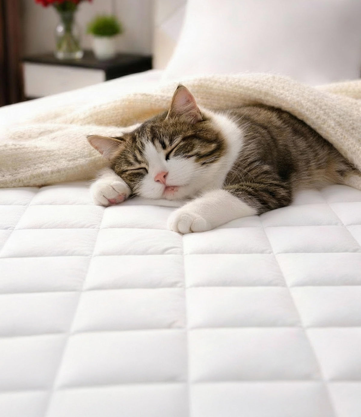CGK Unlimited quilted mattress pad on queen bed provides smooth protection.
