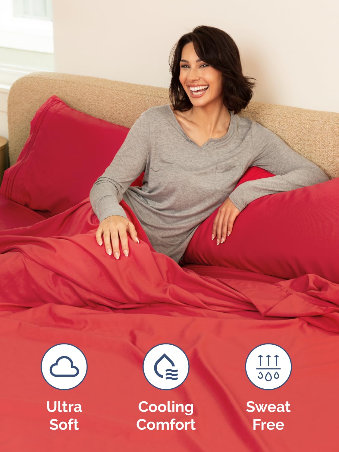 Red CGK Unlimited queen fitted sheet appears wrinkle-free and breathable on mattress