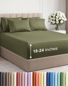 CGK Unlimited extra-deep pocket cal king sheet set on a tall mattress for secure fit.