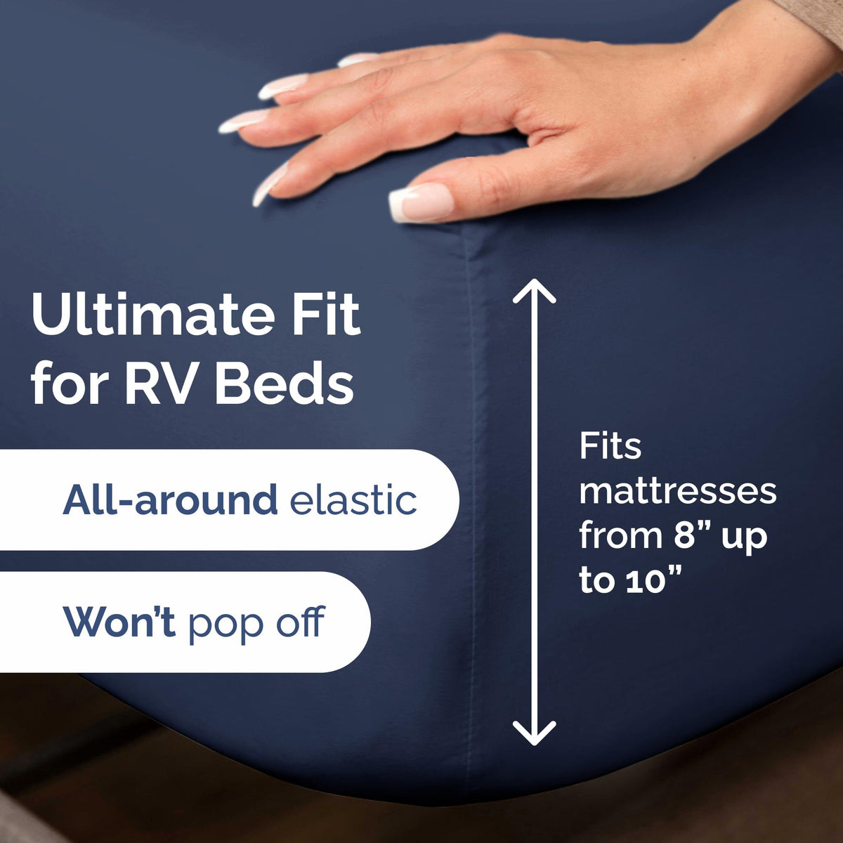 CGK Unlimited short queen fitted sheet on RV mattress shows snug secure fit.