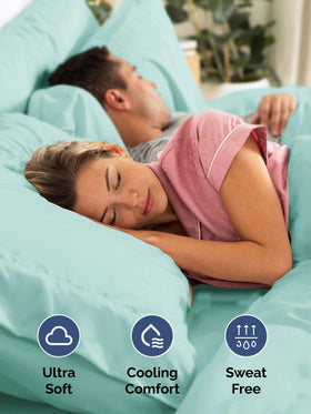 CGK Unlimited six-piece sheet set laid out in spa blue for coordinated bedding