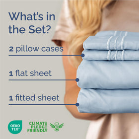CGK Unlimited sky blue full-size sheet set with fitted sheet showing secure deep pockets