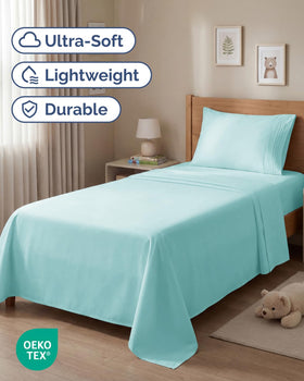 CGK Unlimited spa blue fitted sheet close-up highlighting deep pocket fit