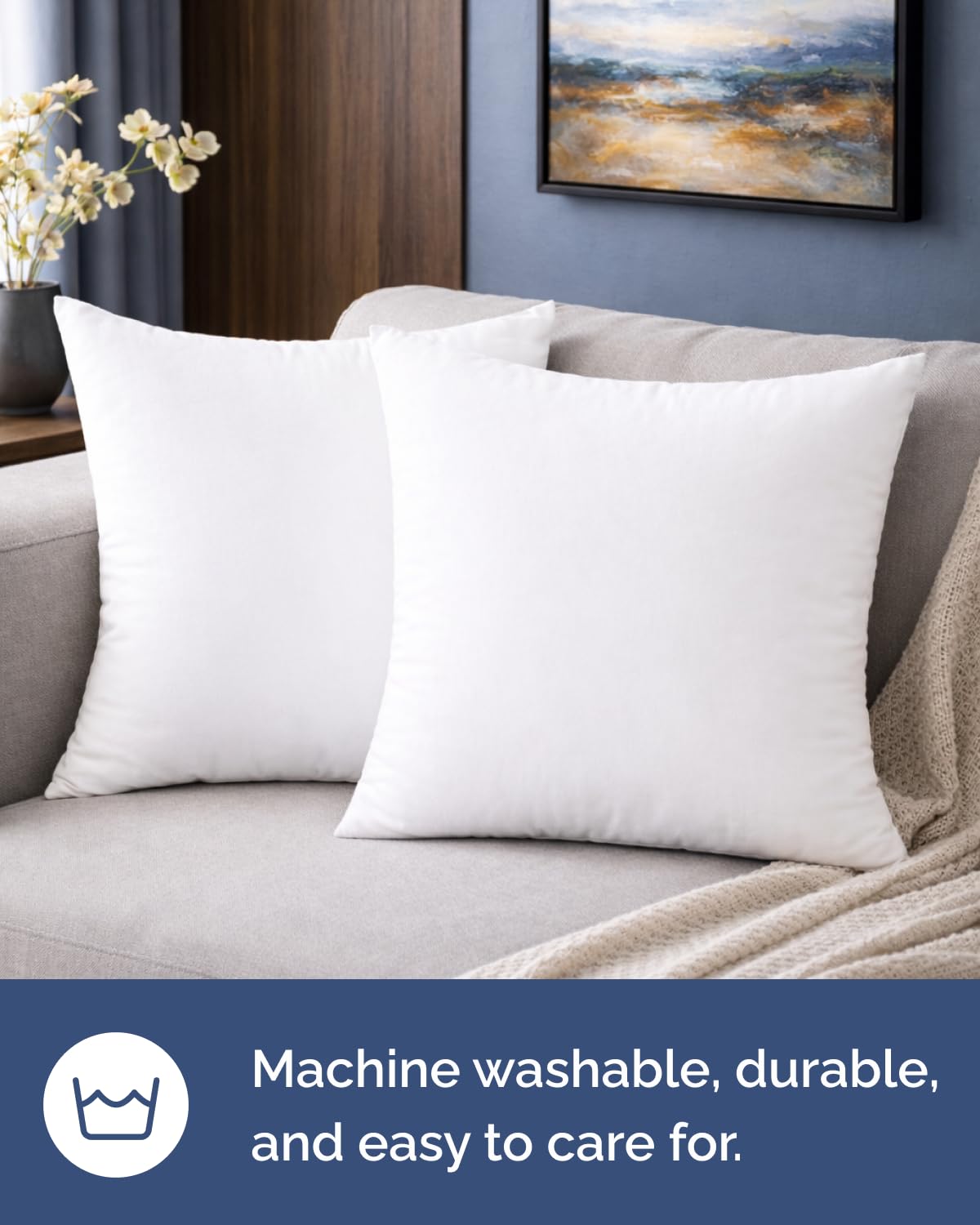 White fabric shell CGK Unlimited inserts in a decorative pillow cover