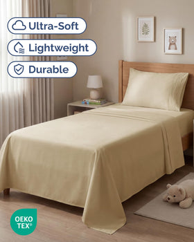 CGK Unlimited beige fitted sheet with deep pockets secures a snug bed.