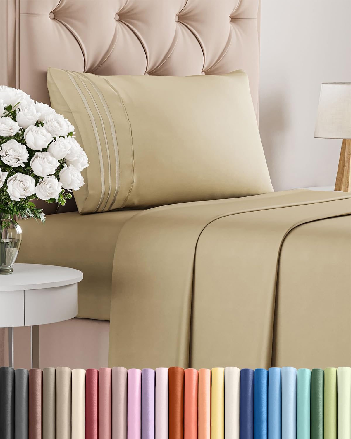 CGK Unlimited twin sheet set beige flat sheet offers breathable cooling for night comfort.