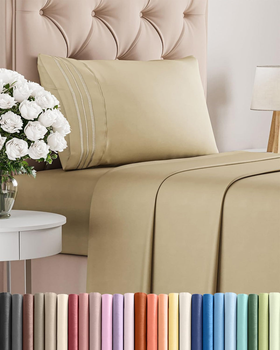 CGK Unlimited twin sheet set beige flat sheet offers breathable cooling for night comfort.