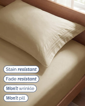 CGK Unlimited microfiber beige sheets show lightweight, wrinkle-resistant texture.