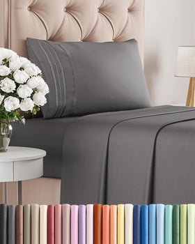 CGK Unlimited twin 3-piece sheet set in dark grey on bed for hotel-like comfort.