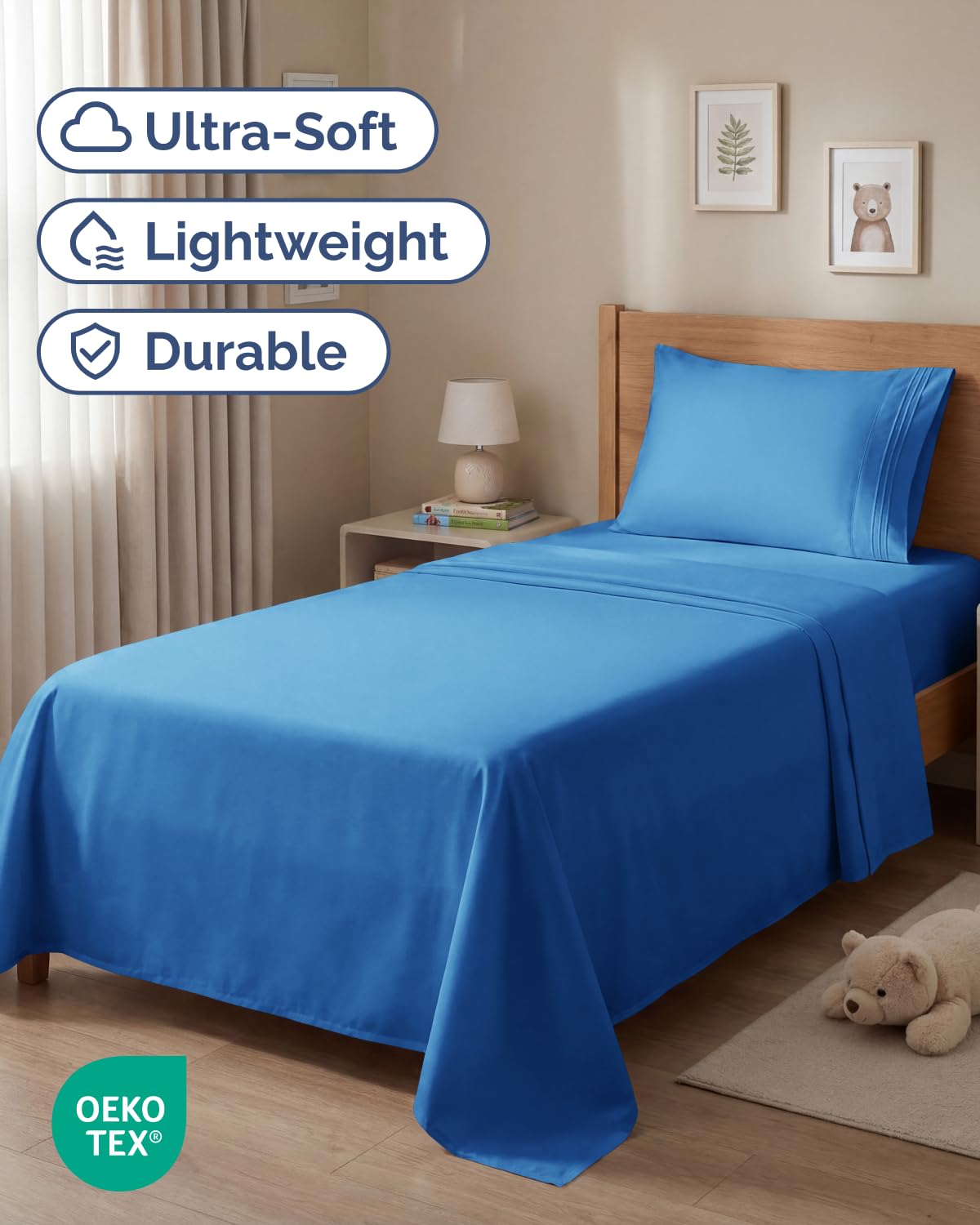 CGK Unlimited twin 3-piece sheet set fitted sheet blue demonstrates secure deep-pocket fit