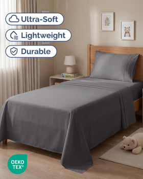 CGK Unlimited flat sheet 96 by 66 inches drapes over bed in a cozy setup.