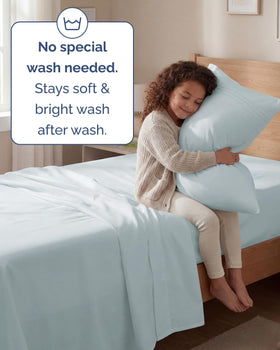 CGK Unlimited bed setup in ice blue to enhance bedroom aesthetics.