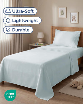 CGK Unlimited ice blue flat sheet close-up highlighting breathable fabric.