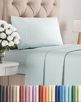 CGK Unlimited twin sheet set ice blue packaging showing premium quality and soft feel.