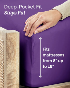 CGK Unlimited purple deep-pocket feature fits up to 16 inches for easy bed making