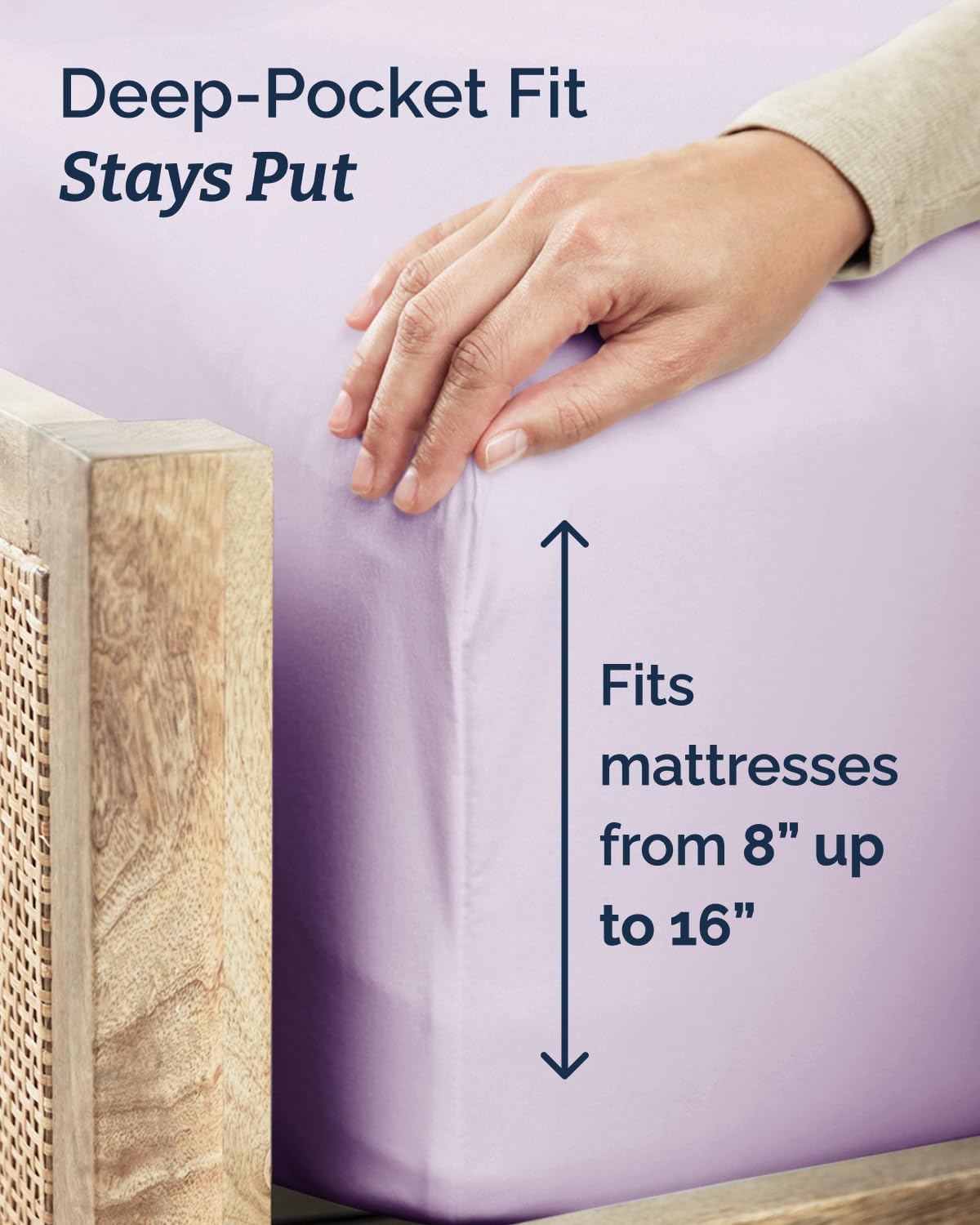 CGK Unlimited deep-pocket design ensures a snug fit on deep mattresses up to 16 inches.