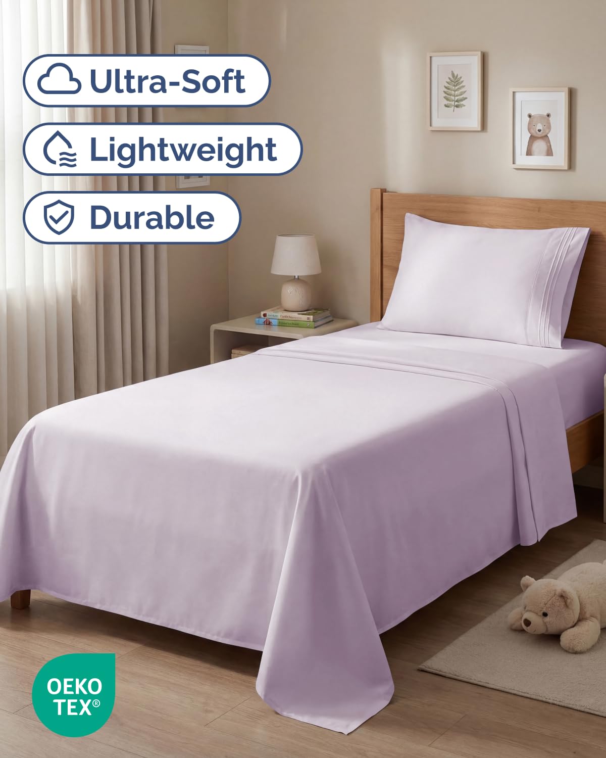 CGK Unlimited fitted sheet in light lavender fits up to 16-inch deep mattresses.