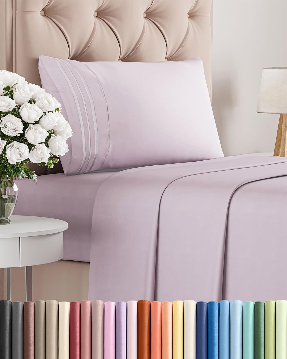 CGK Unlimited twin 3-piece set with light lavender flat sheet, silky soft and breathable.
