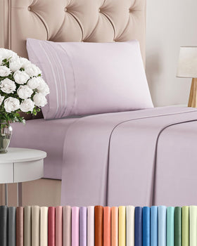 CGK Unlimited twin 3-piece set with light lavender flat sheet, silky soft and breathable.