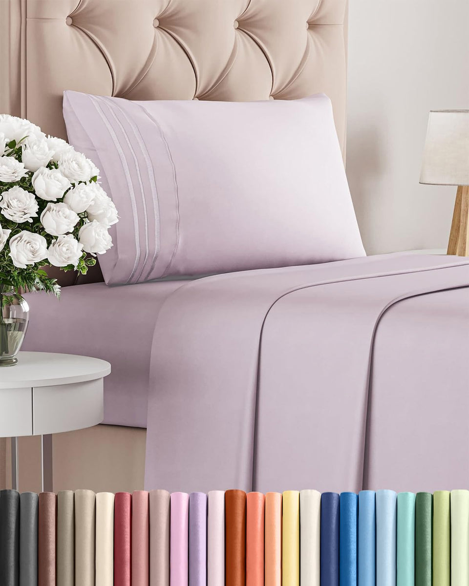 CGK Unlimited twin 3-piece set with light lavender flat sheet, silky soft and breathable.