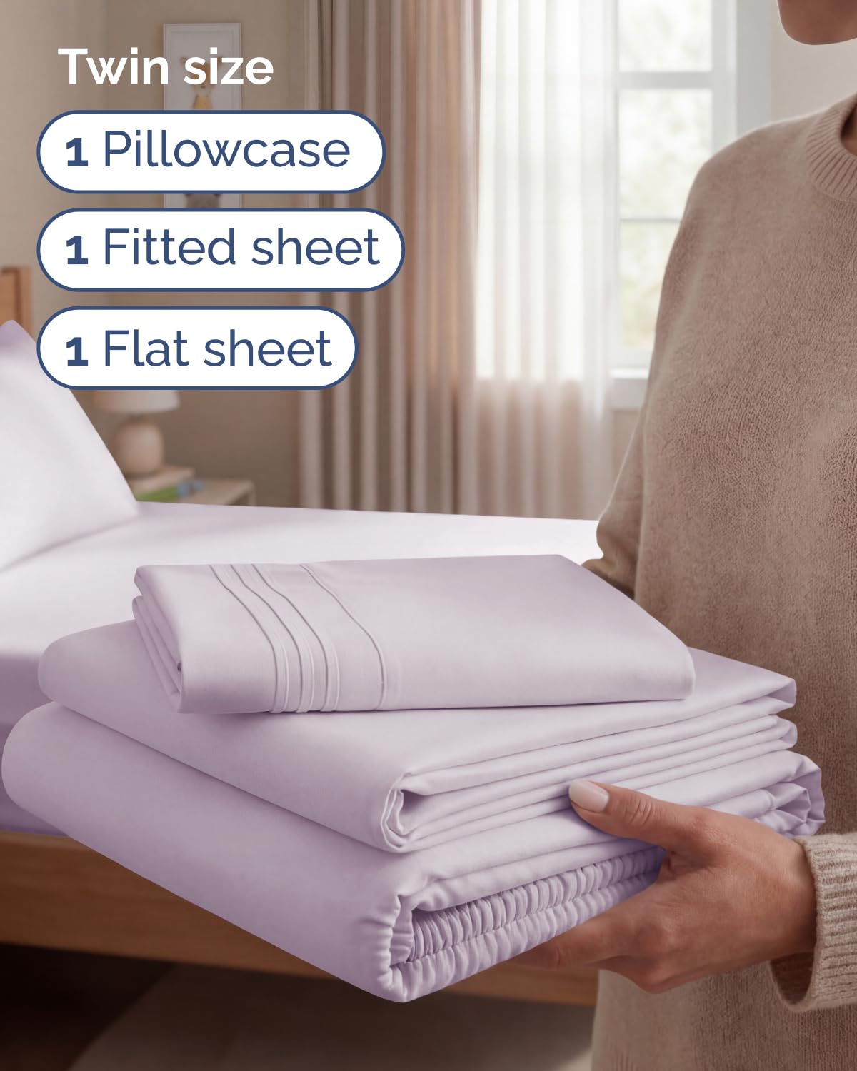 CGK Unlimited pillowcase included with light lavender design for cool, tidy nights.