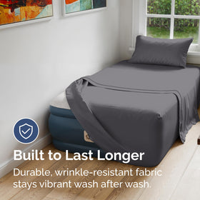 CGK Unlimited air mattress sheet set microfiber close-up shows breathable fabric.