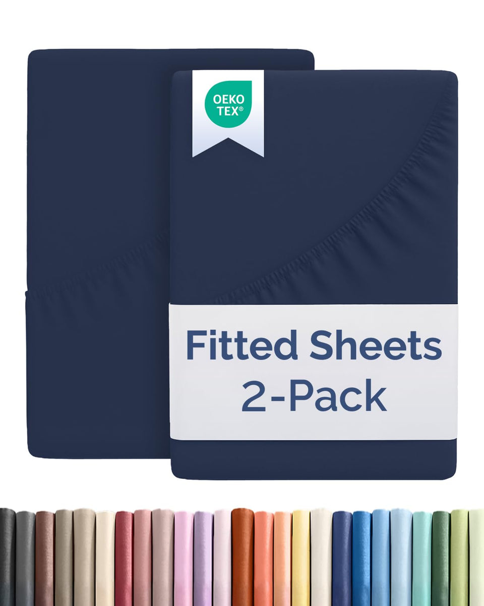CGK Unlimited twin navy fitted sheet on bed with deep-pocket fit for secure sleep