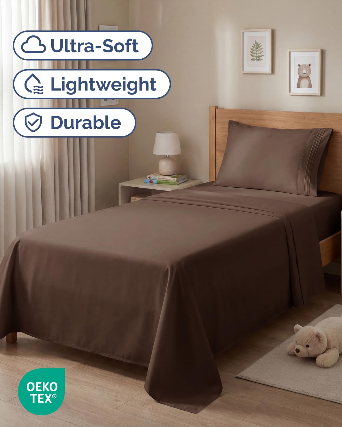 CGK Unlimited twin sheet on bed shows easy-fit deep-pocket design.